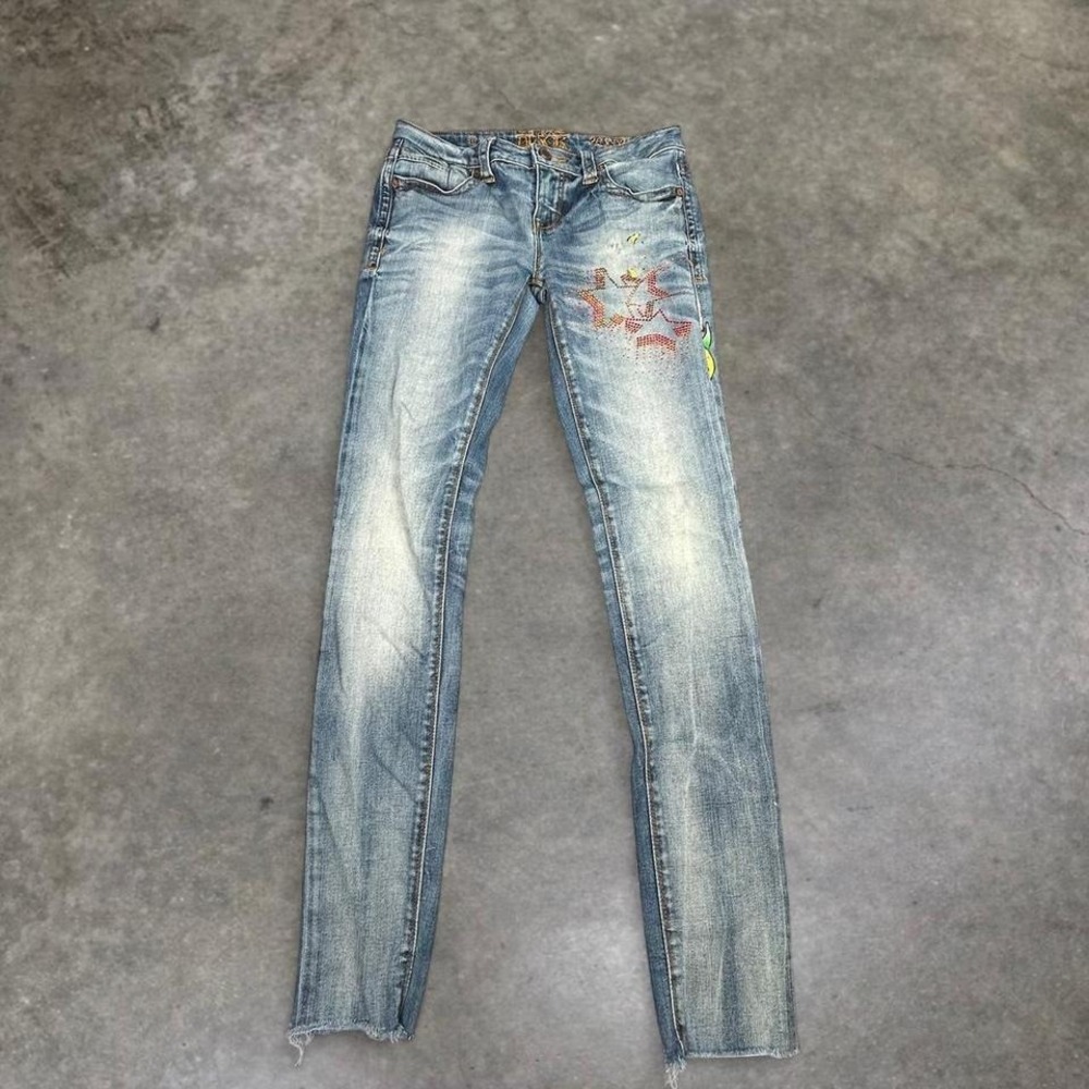 Buckle Black Fit No 53 Skinny Jeans Womens 26x32 Blue Rhinestone Star Y2K Grunge